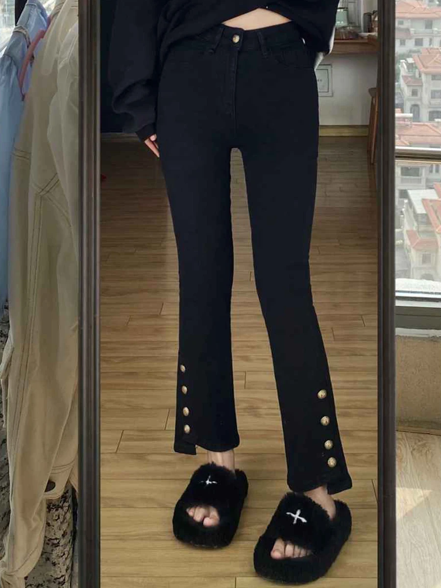 

Прямые джинсы с высокой талией, женские джинсы на осень-зиму, большие размеры, утягивающие эластичные расклешенные брюки с разрезом