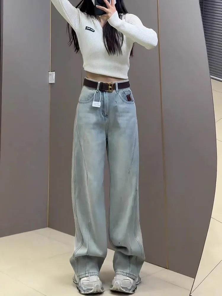 

Модные широкие джинсовые джинсы, женские брюки прямого кроя с высокой талией, осенние новые дизайнерские драпированные повседневные брюки больших размеров