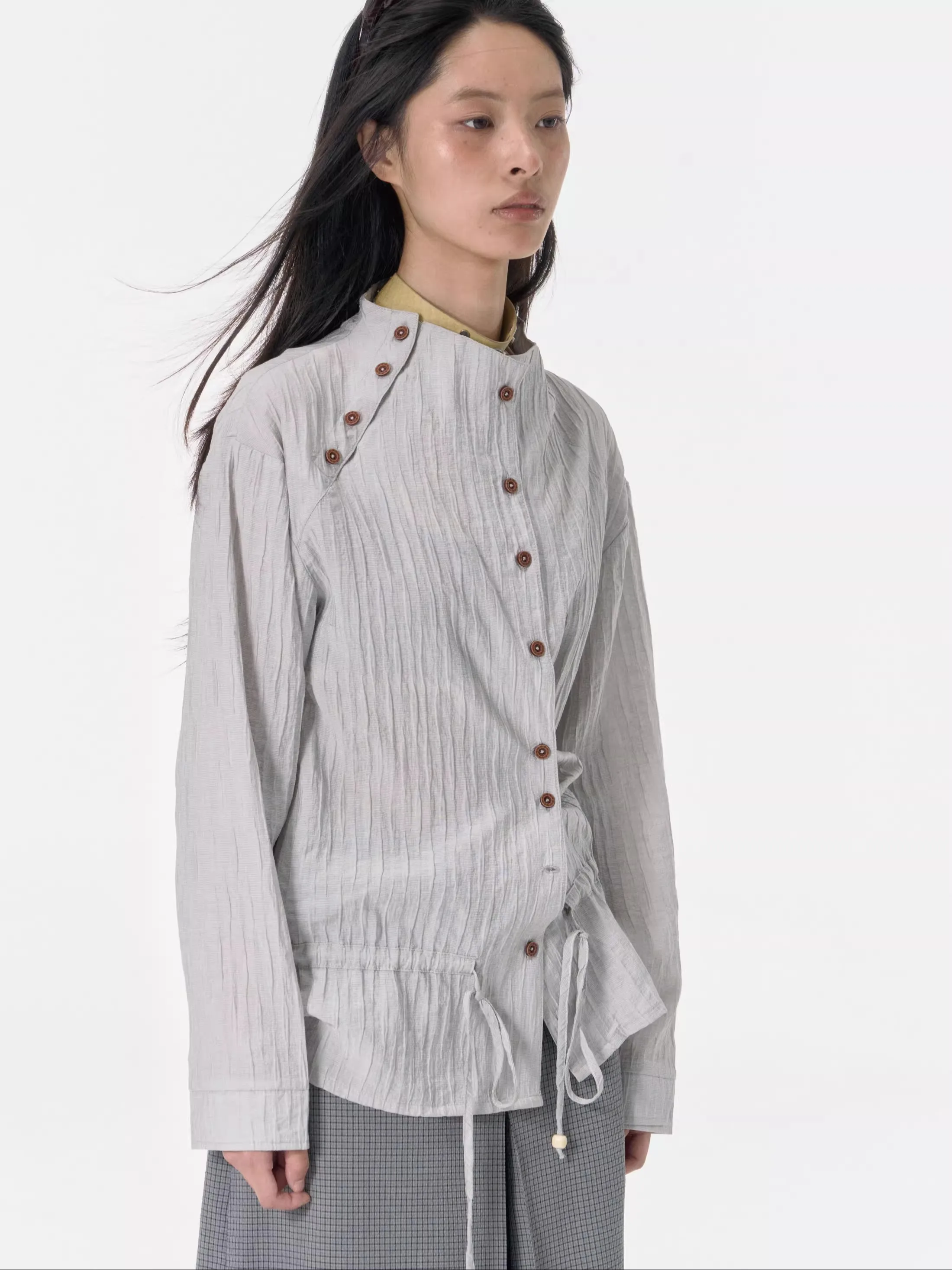 

Yeoyeom Silk Linen Air Conditioning Sun Protection irt Double Button Stand Collar Vintage Pleated Comfortable Breathable