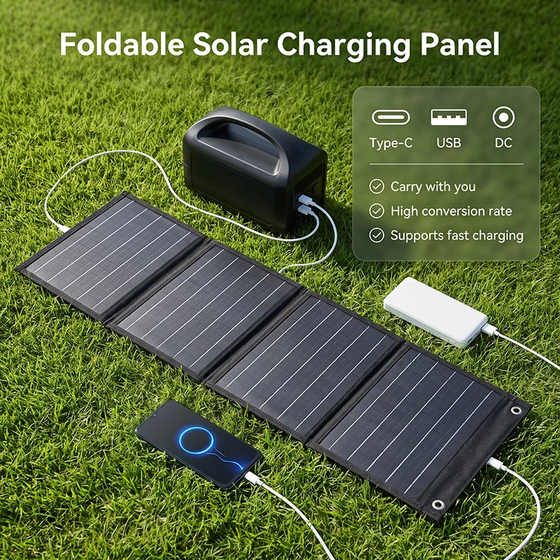 Foldable Solar Charging Panel with Type-C and USB Output, Essential for Outdoor Adventures High-Efficiency Device Fast Charging Compatible with Action Cameras, Smartphones, Tablets, and Laptops