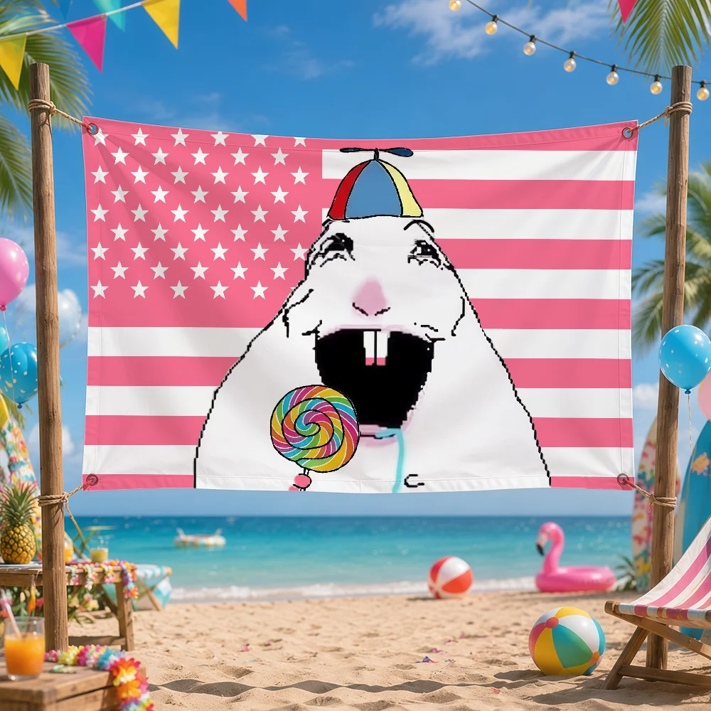 Pink Flag Hamster Meme Sun Shines Flag Digital Printed Flag Tapestry Creative Pattern Living Room Wall Art Party Outdoor Decor