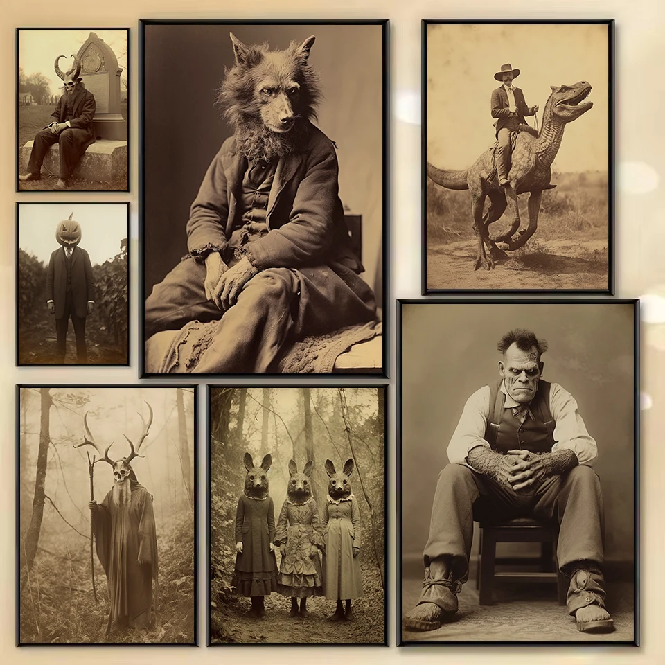 Vintage Dark Acdemia Frankenstein Witch Werewolf Old Photography Poster Printed Canvas Painting Wall Art Pictures Home Decor
