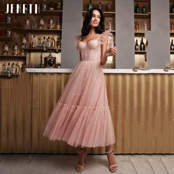 JEHETH Pink Dots Tulle Tired Spaghetti Straps Prom Dress Women Fairy Sweetheart A Line Evening Party Homecoming Gown Tea Length