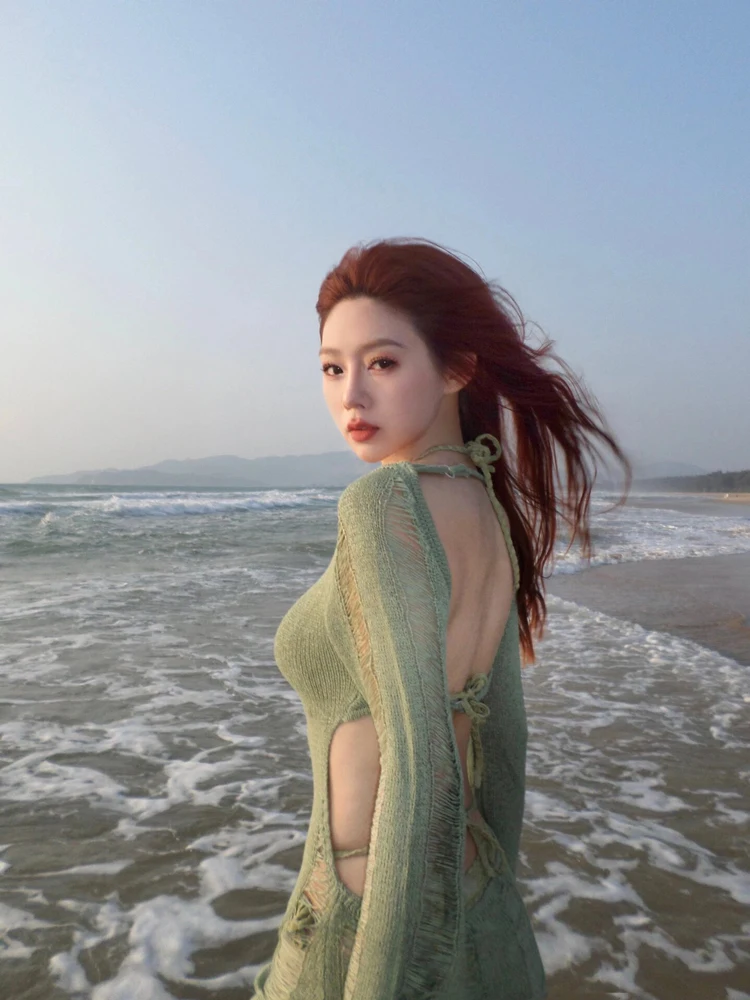 

Ins Sle een Knitted Bikini Women's Swimming Suit Long Sve Bal Gathered Chest Hole Thermal Spring Bathing Suit