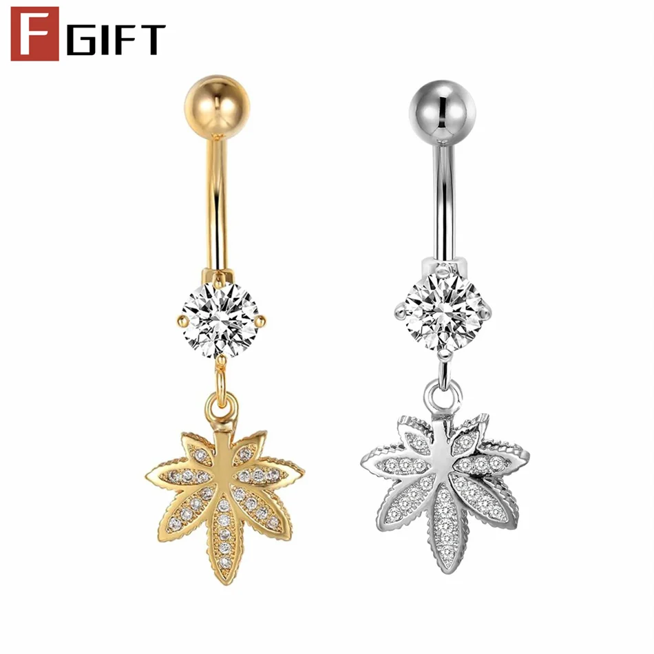 Piercing de nombril CZ Feuille d'érable pour femme, anneau de piercing de ventre en titane à barre courbée de longueur personnalisable, bijou corporel pour fête à la plage
