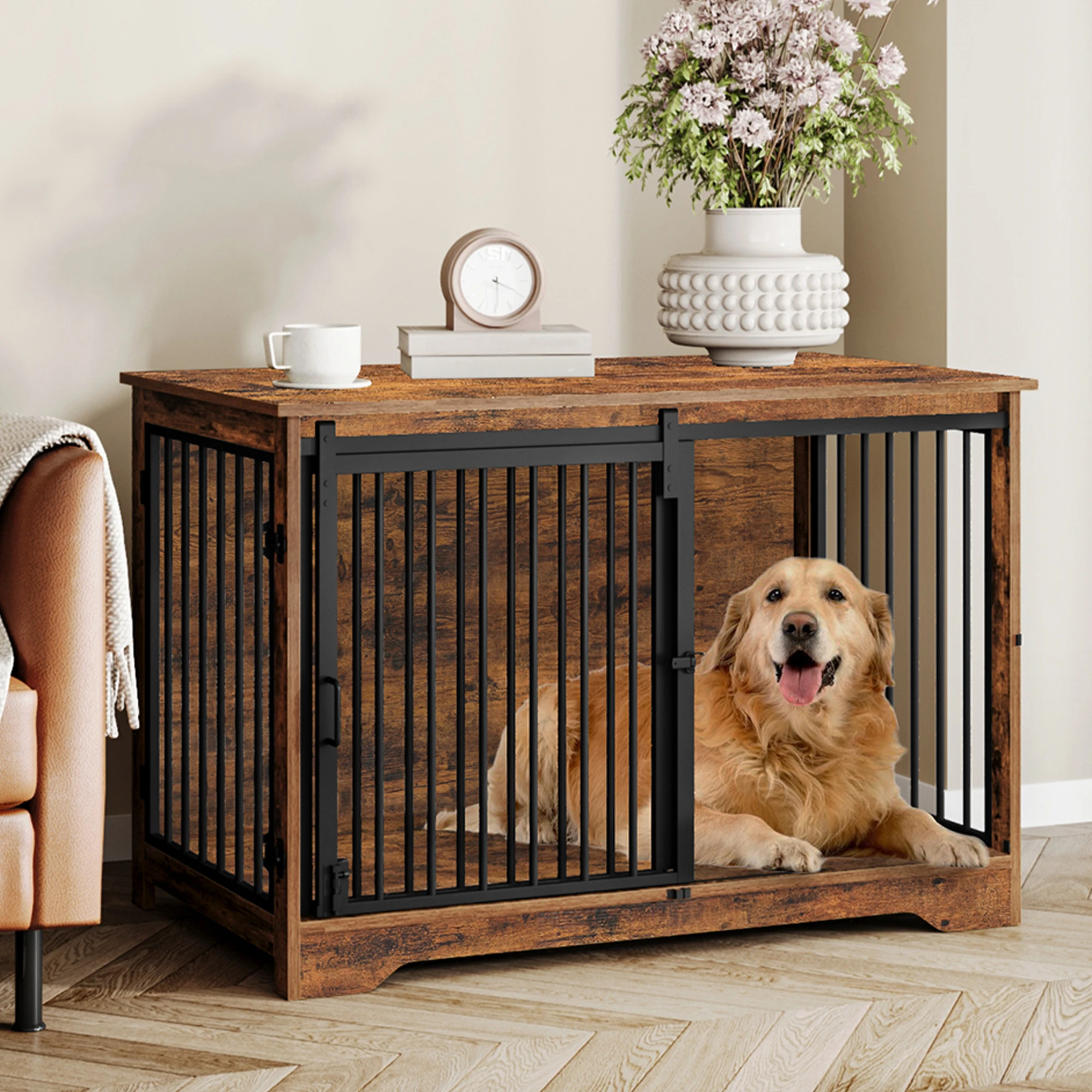 Meubles de Cage pour chiens, boîte pour chiens de 100 cm pour la maison, portes coulissantes, 2 portes, boîte moderne pour chiens, intérieur en bois pour petits/moyen/grands chiens