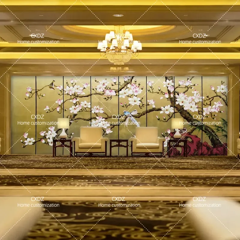 New Chinese Style Folding Screen Partition for Living Room Entrance Hotel Villa Mobile Room Divider with Magnolia Pattern
