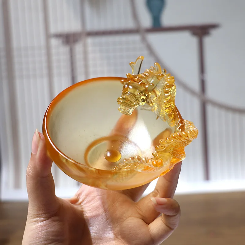 Glazed teacup Dragon glazed ornament Kung Fu tea set Home office matte transparent director cup Single cup Personal cup