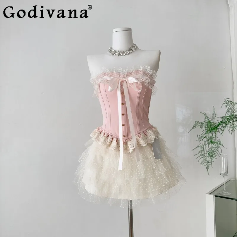 

Vintage Antique Corset Polka Dot Mesh Cake Skirt Set Women Sweet Cute Lolita Suits Female Summer Princess Bow Pink Outfits