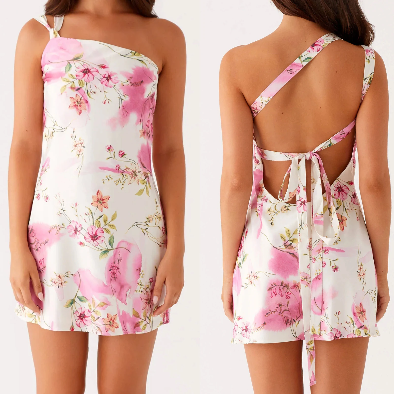 Feminino verão sem mangas gola diagonal alças cruzadas amarradas sem costas estampa floral/sólido curto mini vestido regata linha a