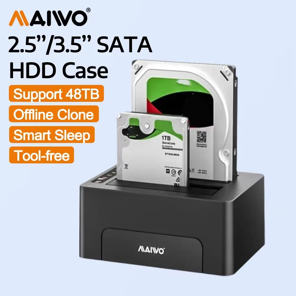 

Док-станция MAIWO с двумя отсеками для жестких дисков 2.5/3.5 дюйма, корпус для HDD SATA с интерфейсом USB 3.0 и функцией автономного клонирования для 2.5-дюймовых и 3.5-дюймовых дисков.