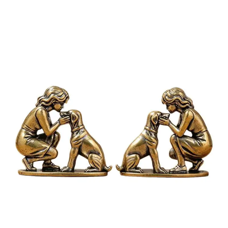 Brass Girl and Dog Statue Small Creative Retro Ornament Solid Brass Decor for Home Office Desk Shelf Display
