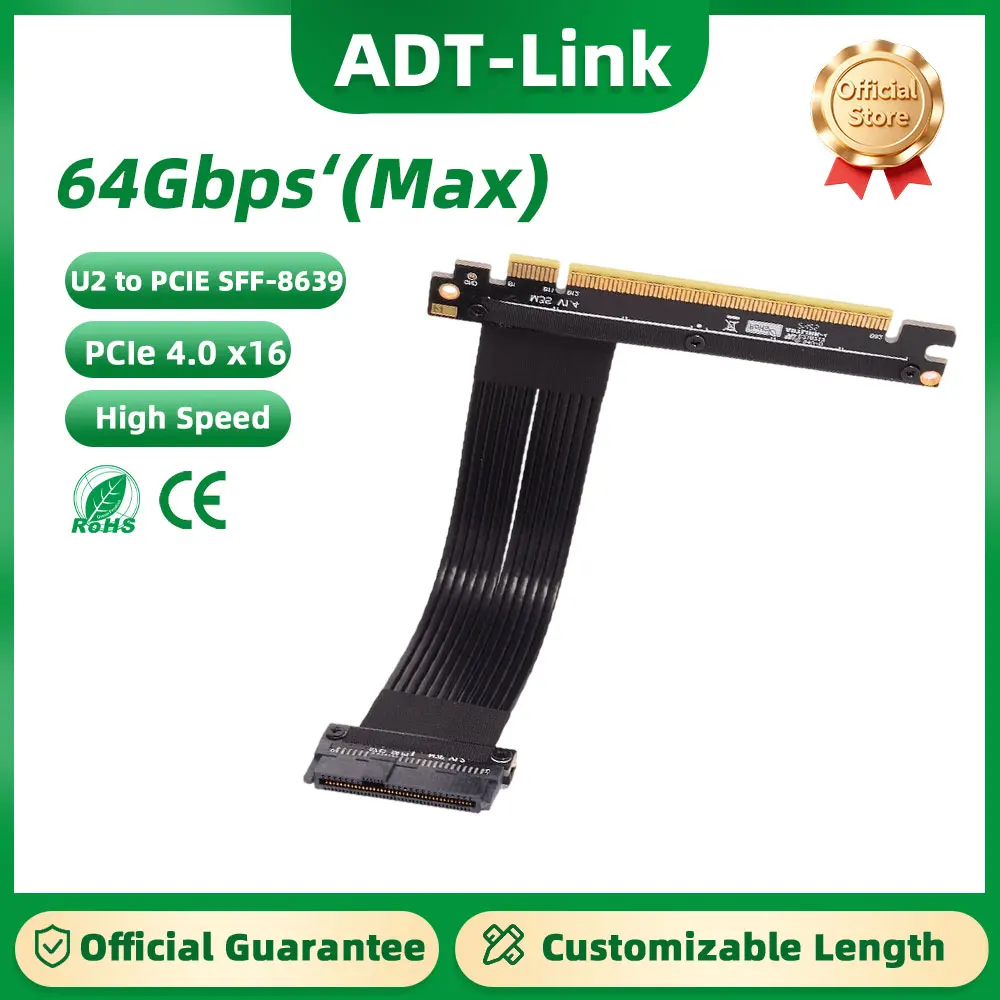 ADT-Link PCI-E 4.0 X16 To U.2 SFF-8639 Extension Cable PCIe 16x To U2 Extender Riser Adapter for U.2 NVMe SSD Gen 4 Hard Disk