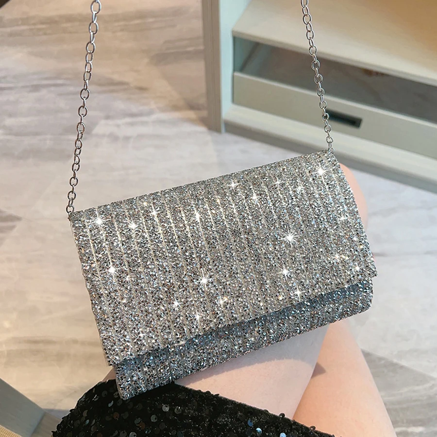 

Evening Clutch Bag for Women Glitter Elegant Flap Envelope Bags Ladies Party Wedding Shiny Rhinestone Chains Shoulder Handbags