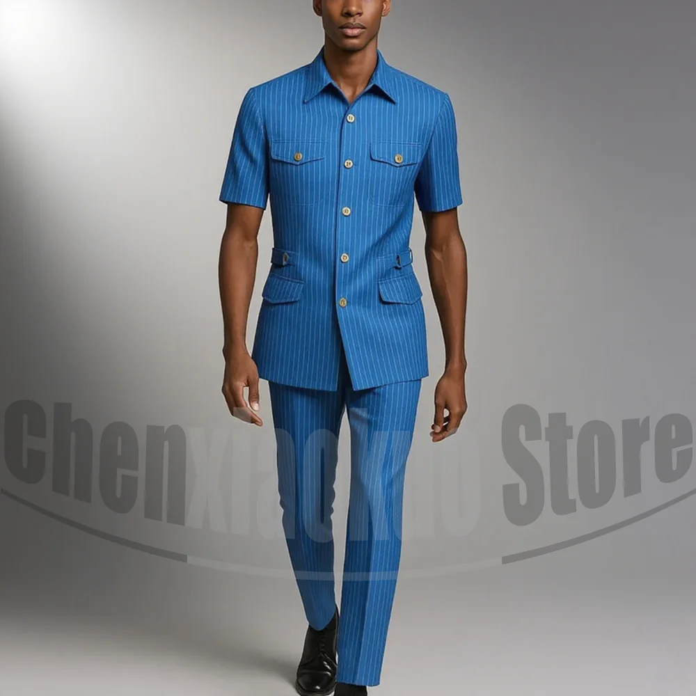 

Men's Blue Pinstripe Suit Set Multi-Pocket Short Sleeves Wear Casual Outdoor Style Fashion Single Breasted 2 Piece Male Suit