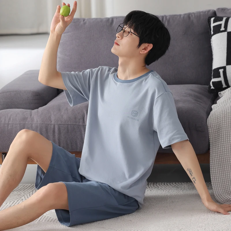 MiiOW 2 قطعة القطن الرجال منامة مجموعة الصيف تنفس قمصان قصيرة الأكمام Homewear حجم كبير L-3XL رجل ملابس خاصة الرجال منامة عادية