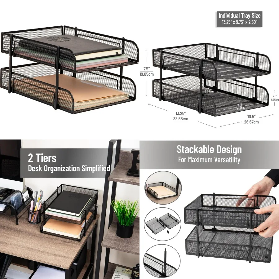 منظم سطح المكتب لعلبة الورق القابلة للتكديس لتخزين الملفات المكتبية مع تصميم شبكي معدني، مجموعة عملية وأنيقة مكونة من قطعتين في Bl #1