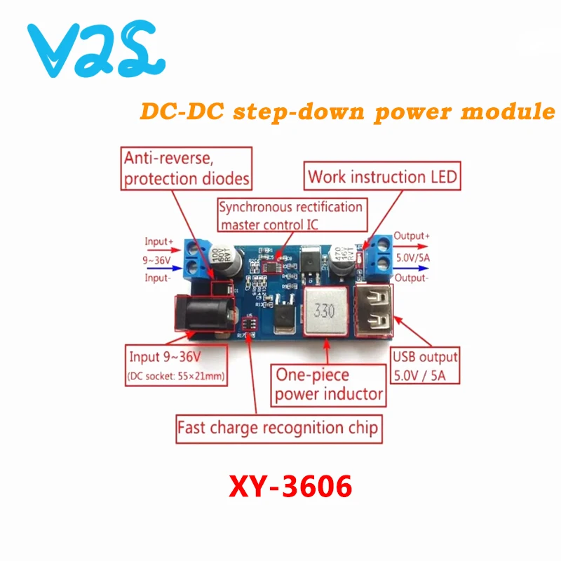 1pcs - 50pcs DC 5A Step-down Power Supply Module 24v / 12V Wide Voltage 9-36V to 5V Power Converter XY-3606