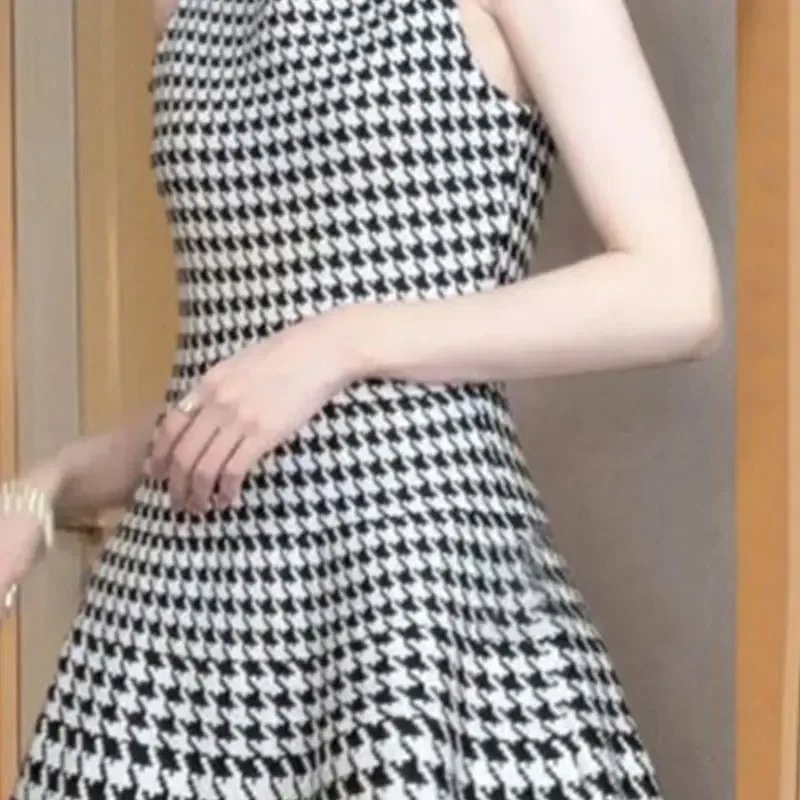 Houndstooth Sexy Sleeveless Dresses Elegant Harajuku Fashion Casual Lady A-line Skirt O Neck All Match Printed Female Clothes