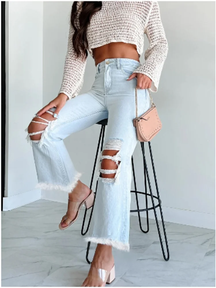Micro Elastic High Waisted Pants Solid Color Pockets Women's Ripped Pants High Street Fashion Daily Versatile Spring Jeans