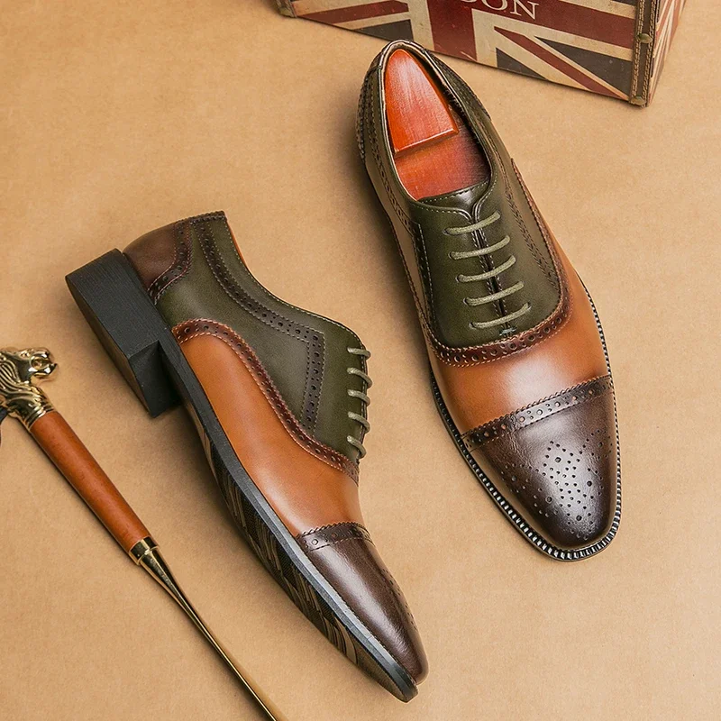 New Men Dress Shoes Brogue Shoes Square Toe Mixed Colors Lace-up Business Shoes for Men with 