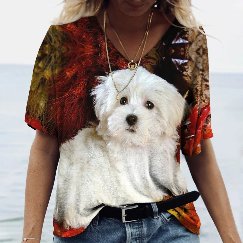 

Summer casual women's V-neck T-shirt 3D printed cute and cute pet dog fashion trend print short sleeved loose T-shirt clothing