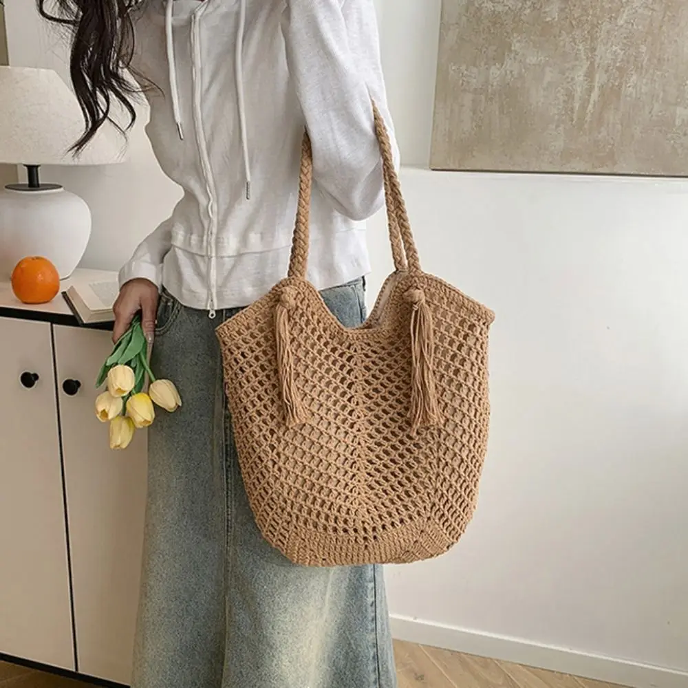 

Casual Straw Knitted Shoulder Bag Hollowed Out Bohemian Crochet Tote Bag Leisure Sweet Beach Bag Vacation