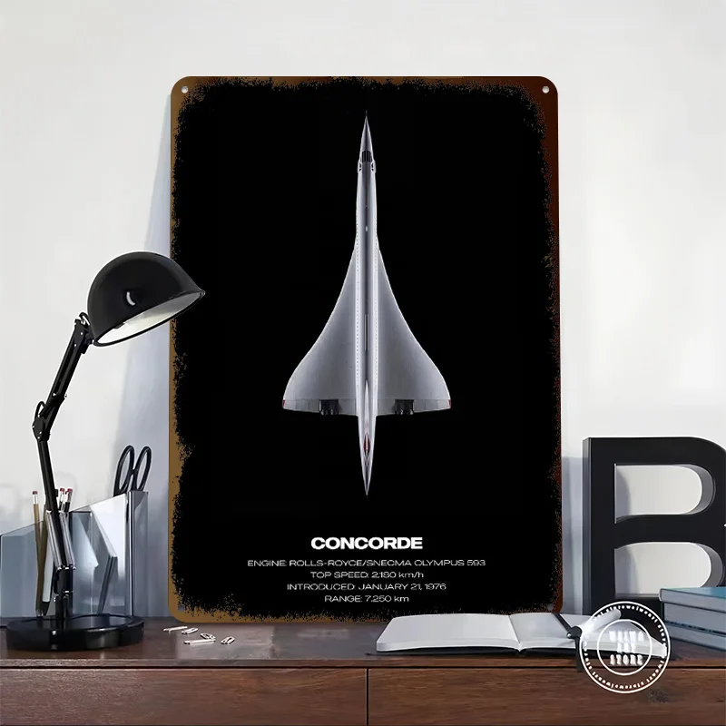 Concorde Supersonic Jet Poster Retro 3D Printed Metal Signs Customized Wall Hanging Gift for Room Accessories Tin Sign Wand Deko