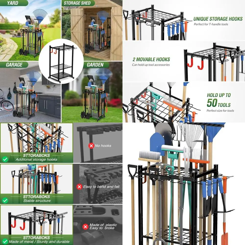 

Heavy-Duty Steel Garden Tool Organizer Rack for 50+ Tools, Garage Storage Solution with 11 Hooks, Broom Holder, Suitable for Out