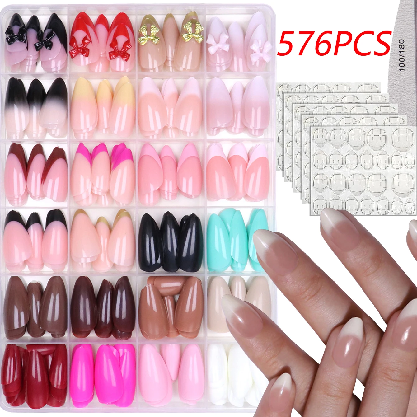 

576 шт., французские прессованные миндалевидные искусственные ногти, чистый цвет, градиент с лентой, многоразовые акриловые ногти для повседневного ношения, сделай сам