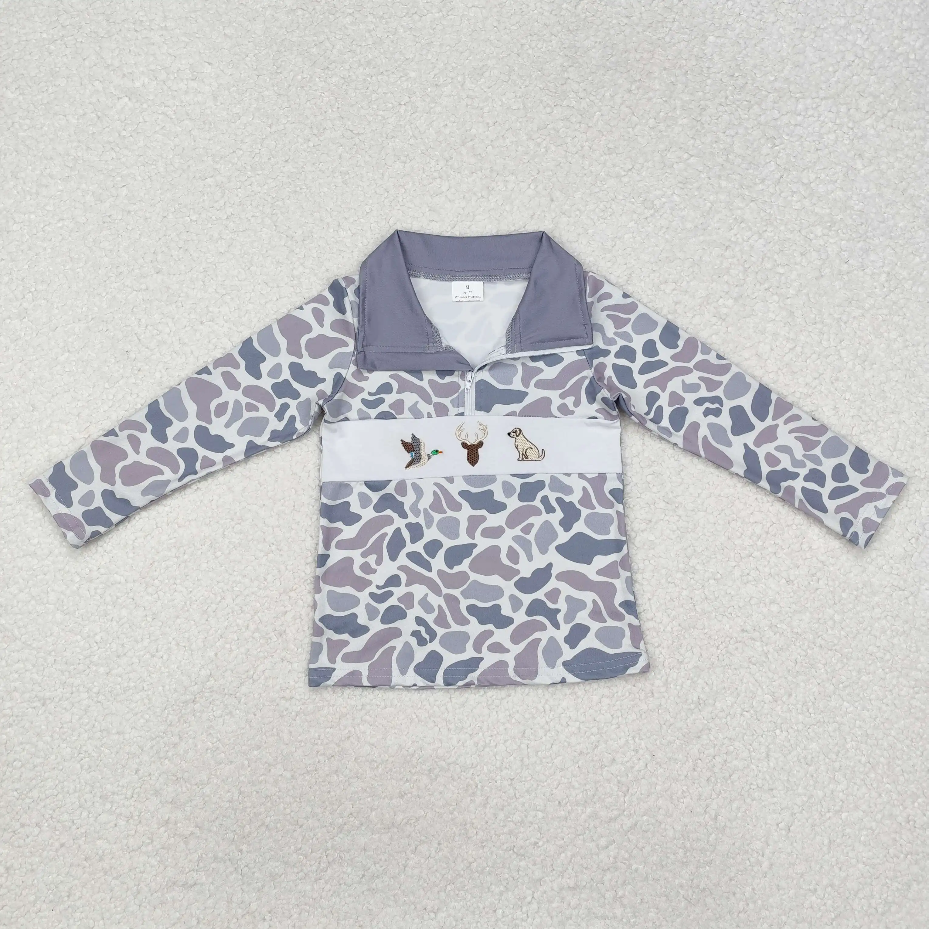 

New rts baby boys tops wholesale boutique embroidered duck elk puppy camouflage gray blue zipper long sleeve shirts