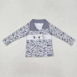 New rts baby boys tops wholesale boutique embroidered duck elk puppy camouflage gray blue zipper long sleeve shirts