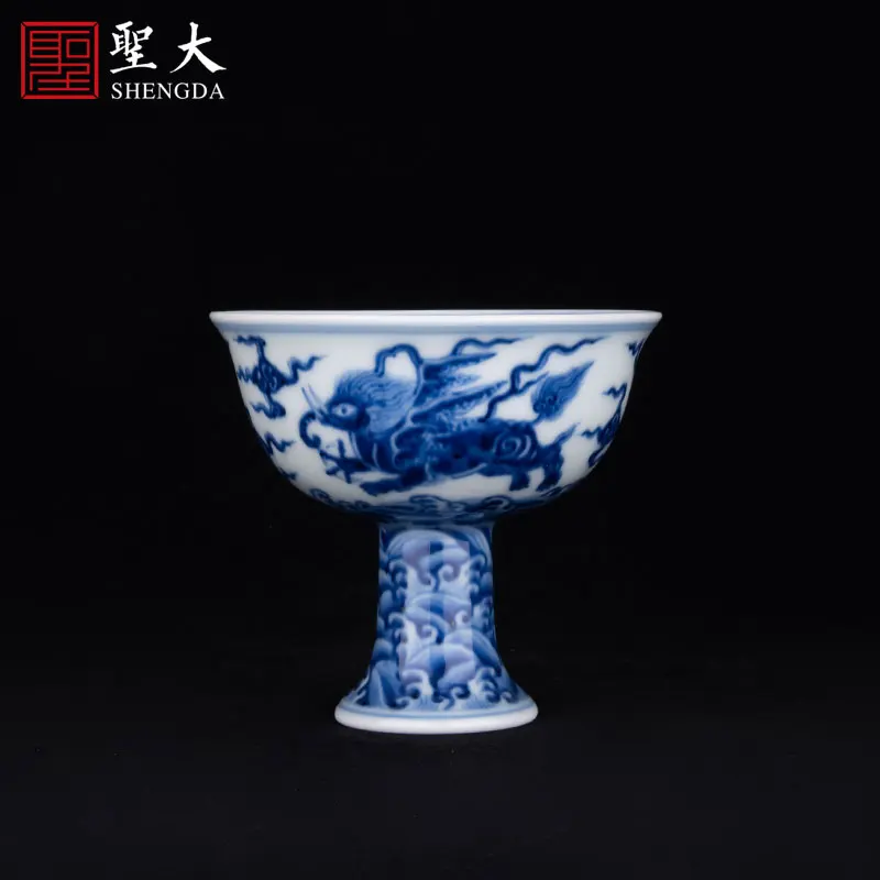 |ceramic hand-painted blue and white walrus pattern high foot cup Jingdezhen full manual tea set master cup tea cup