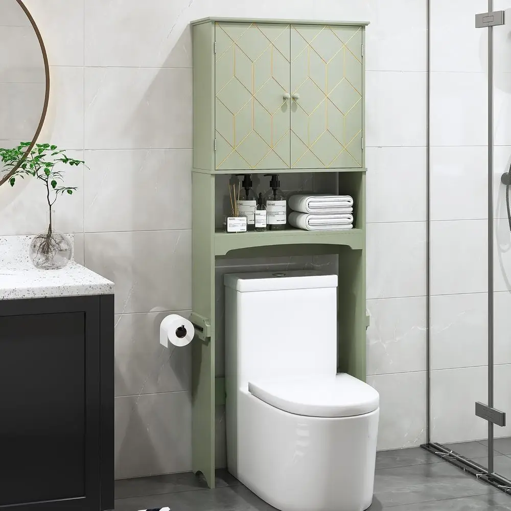 Gold Trimmed Modern Over Toilet Storage Cabinet with Adjustable Shelves and Paper Holder in Green