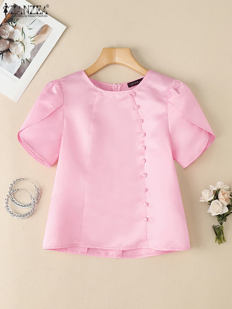 ZANZEA Causal 2025 Summer Tops Woman Solid Color O-Neck Elegant Blusas Mujer Short Petal Sleeve Fashion Day Wear Satin Blouses