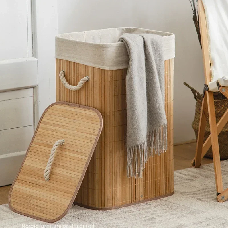 Bamboo Woven with Cover Laundry Basket Cotton Lining Organizer Boxes Handle Design Clothes Basket Versatile Storage Basket