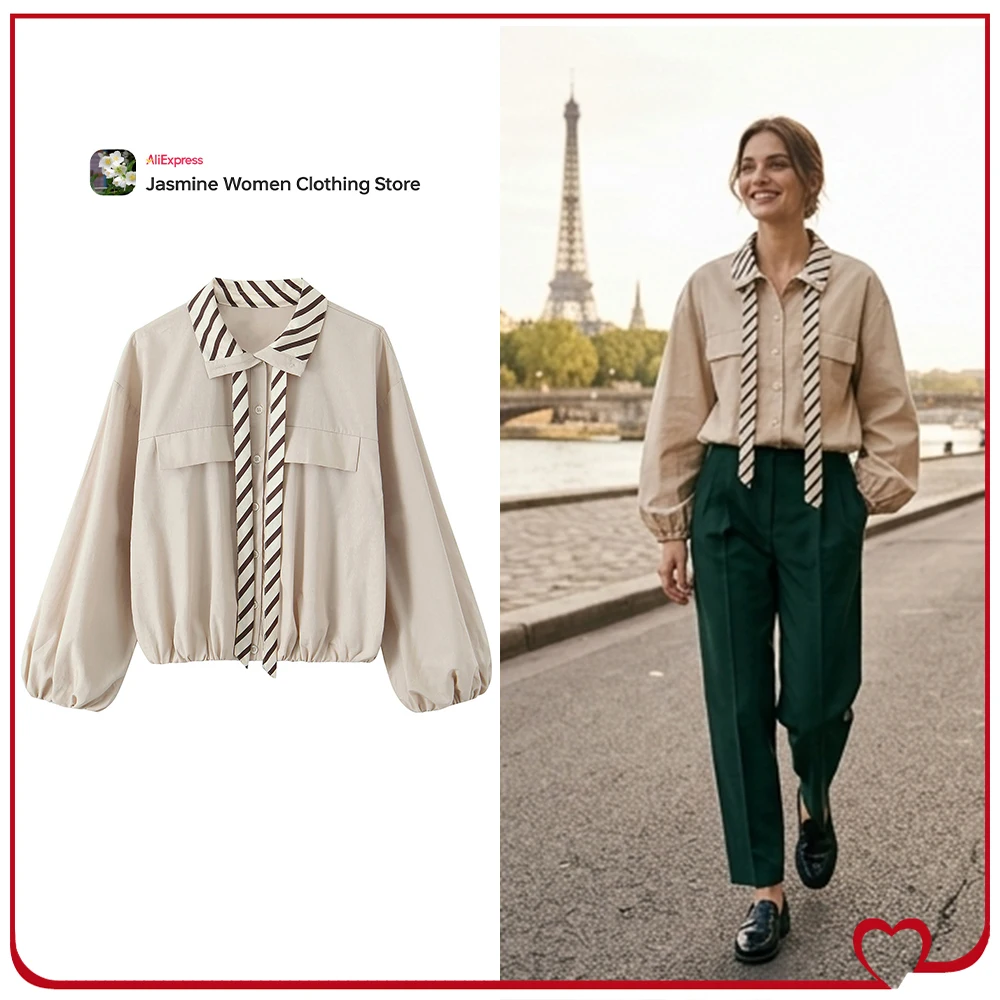 

Элегантные женские рубашки из поплина с контрастным воротником и эластичным низом, новые весенние женские рубашки с контрастной завязкой и накладными карманами