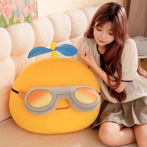 Cute Pilot Lemon Plush Toy, Yellow Lemon Stuffed Pillow with Goggles and Propeller, Soft Fluffy Fruit Shape Throw Cushion Gift