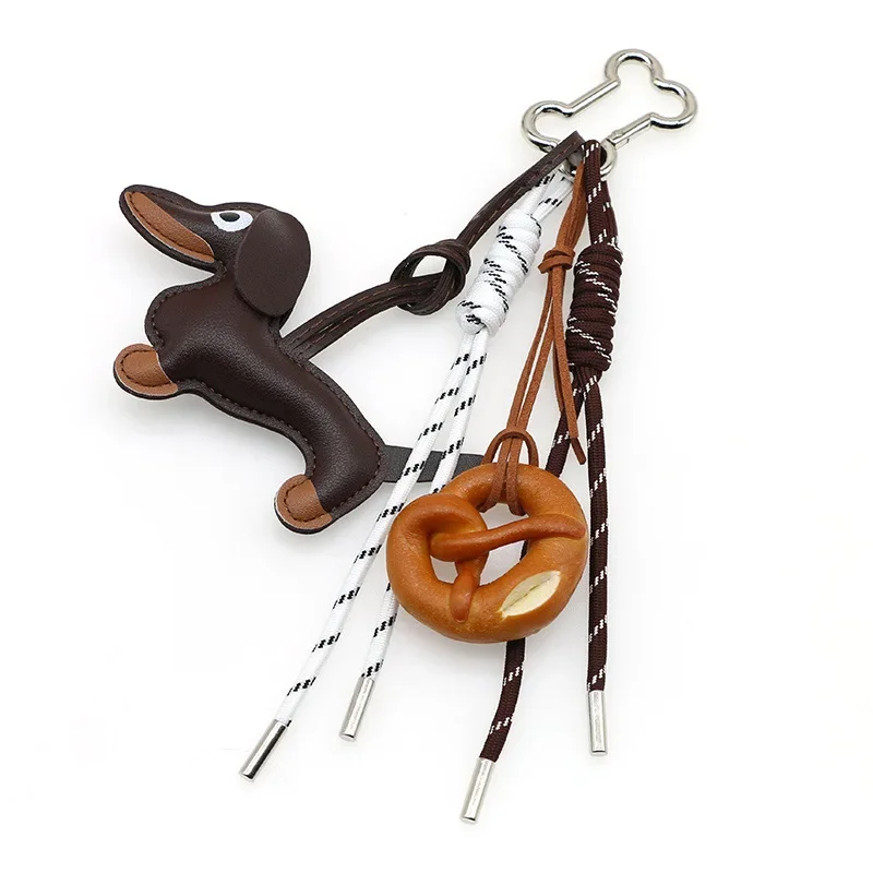 Trendy Korean Style Cartoon Sausage Dog Baseball Bag Charm Accessory for Girls Miu Series Keychain Leather Material