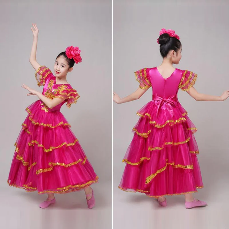 Crianças espanhol flamenco dança vestido meninas cigano valsa dança moderna grande balanço saia carnaval palco abertura desempenho traje