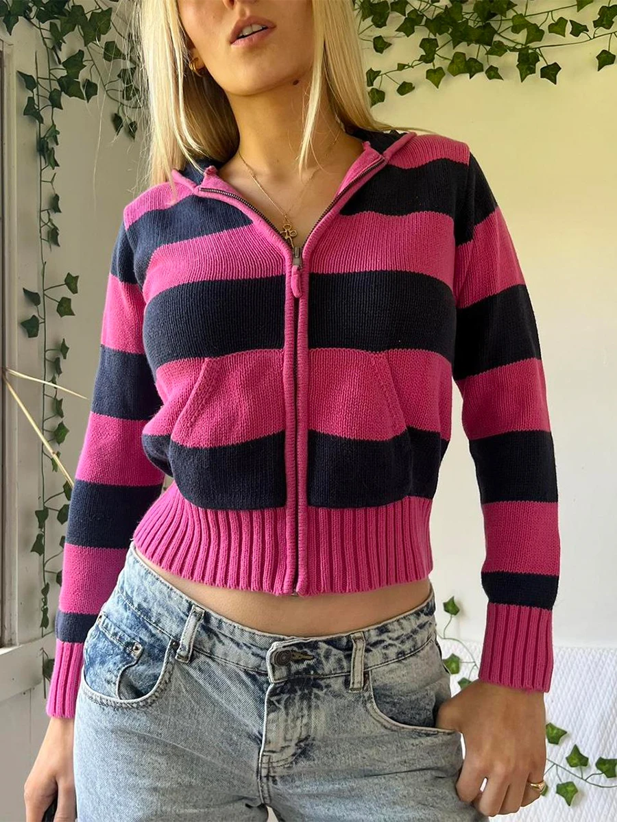 Women Y2k Stripe Hooded Zipper Long Sleeve Hoodies Fairy Grunge 2000s Knit Cardigan Slim Fit Hoodie Pocket Harajuku Streetwear