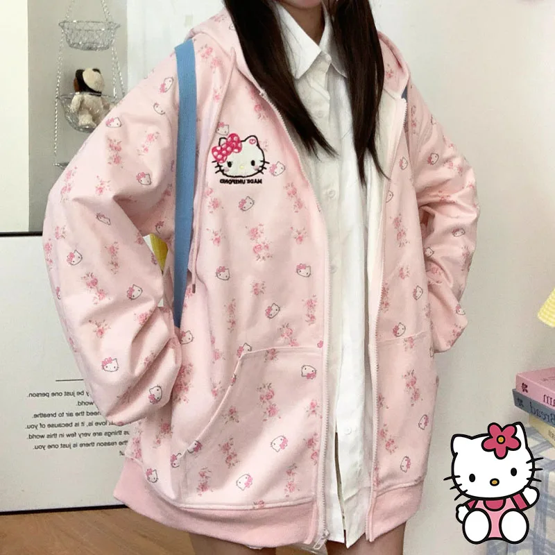 

Sanrios Hello Kittys Hoodie Women's Autumn Winter Cute Kt New Loose Lazy Cardigan Y2K Zipper Jacket Sweet Soft Girl Trendy Coat