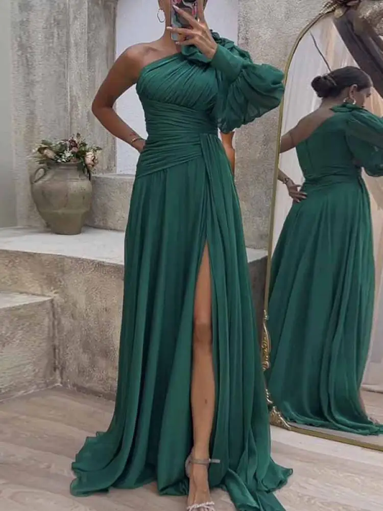 Bonboho 2024 New Solid Color Evening Dresses for Women One-shoulder Puff Sleeve High Waist Split-side Pleated Party Gowns