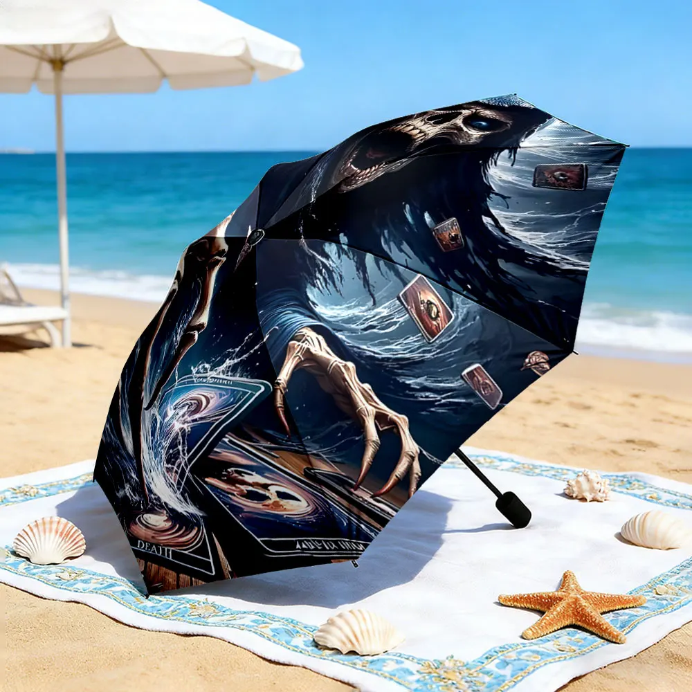1PC Unique Umbrella Featuring Grim Reaper and Tarot Illustrations Print 8 Iron Ribs Folding Umbrella Auto-Open Fashion Sunshade