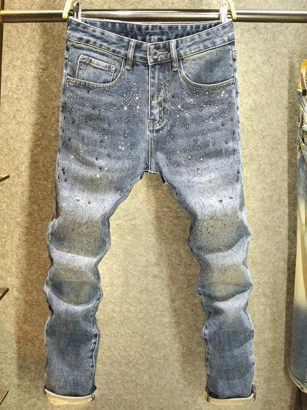 

Высококачественные модные облегающие мужские джинсы, инкрустированные бриллиантами, повседневные эластичные удобные длинные брюки, молодежные брюки со средней талией