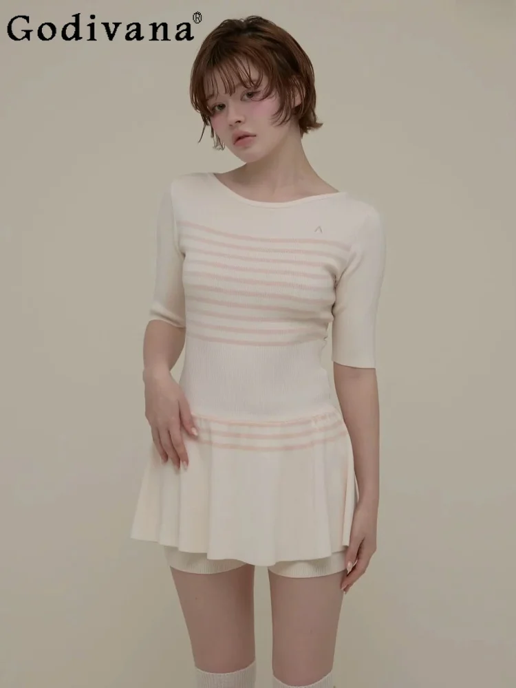 

2026 Summer New Knitted 2-piece Set for Women Japanese Style Ladies Sweet Fashion Knitted Short-sleeved Dress Shorts Outfit