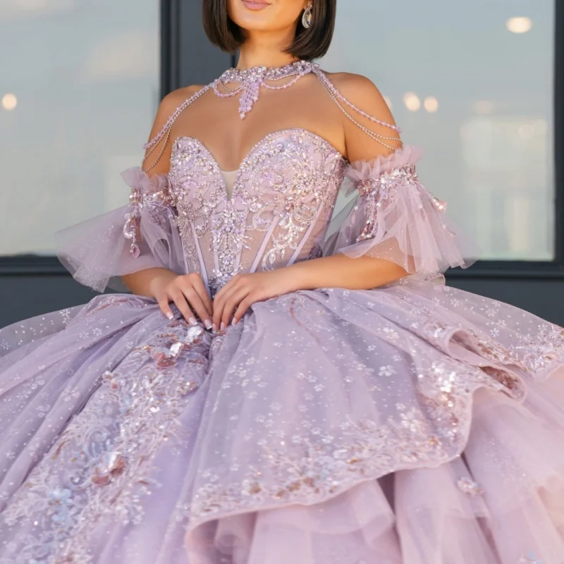 

Lavender Quinceanera Dresses off-shoulder Glitter Flower Decal Layering Crystal Long tail Vestido De 15 Quinceanera Customize