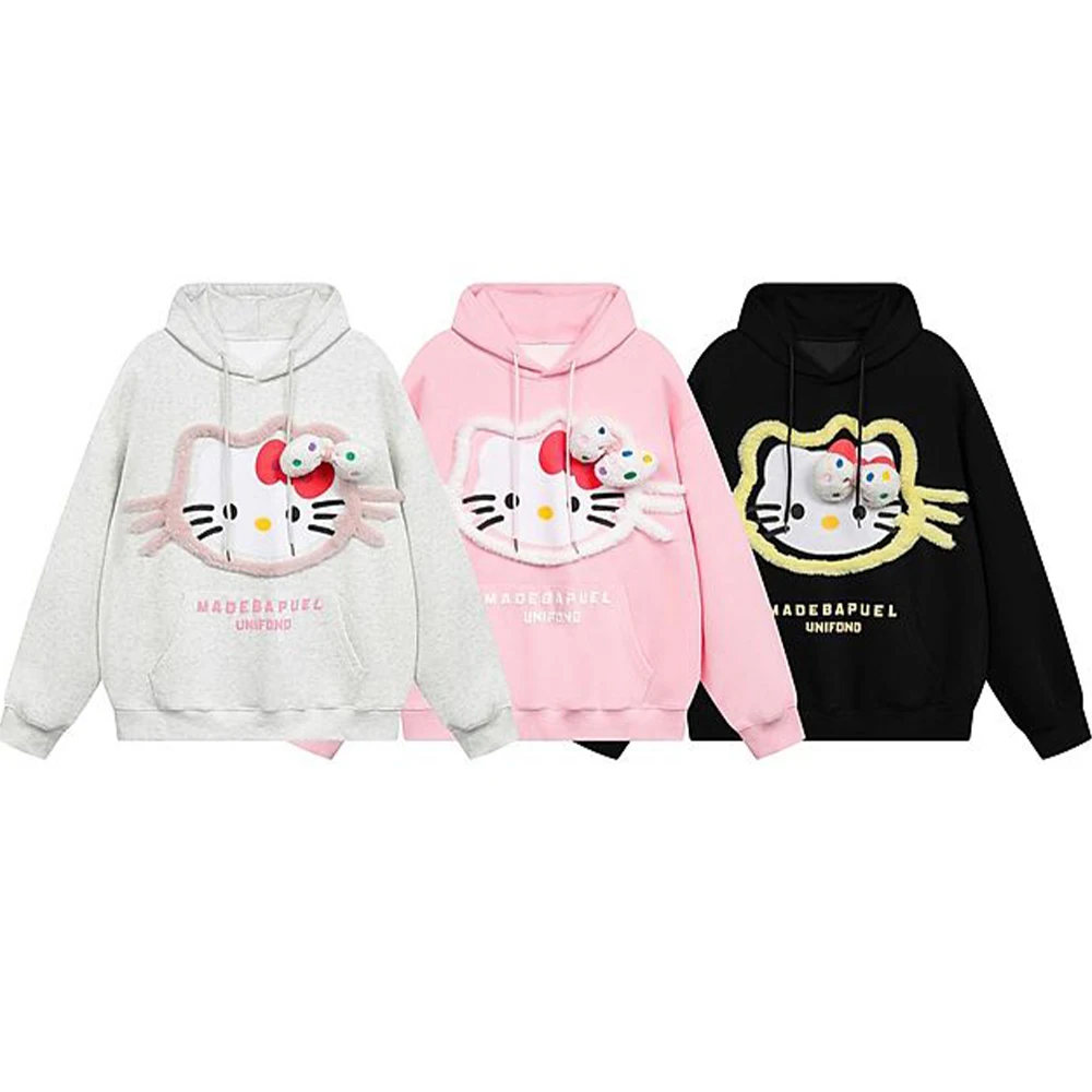 Sanrio Hello Kitty Plush 3D Embroidered Sweatshirt Sweatshirt Cartoon Autumn Winter Couple Hooded Sweatshirt for Women Men Tops