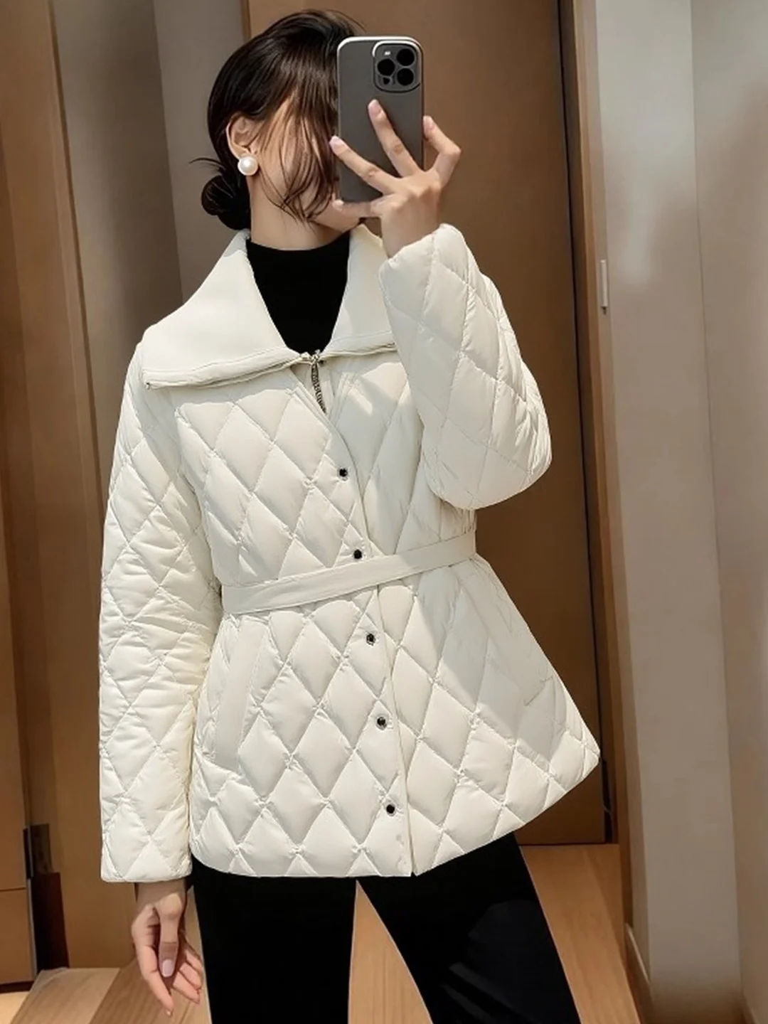 

Sli White Diamond Pattern ort Женская пуховая куртка 2025 New Winter Thi Верхняя одежда Ele Sle Regular Fit Long Sve