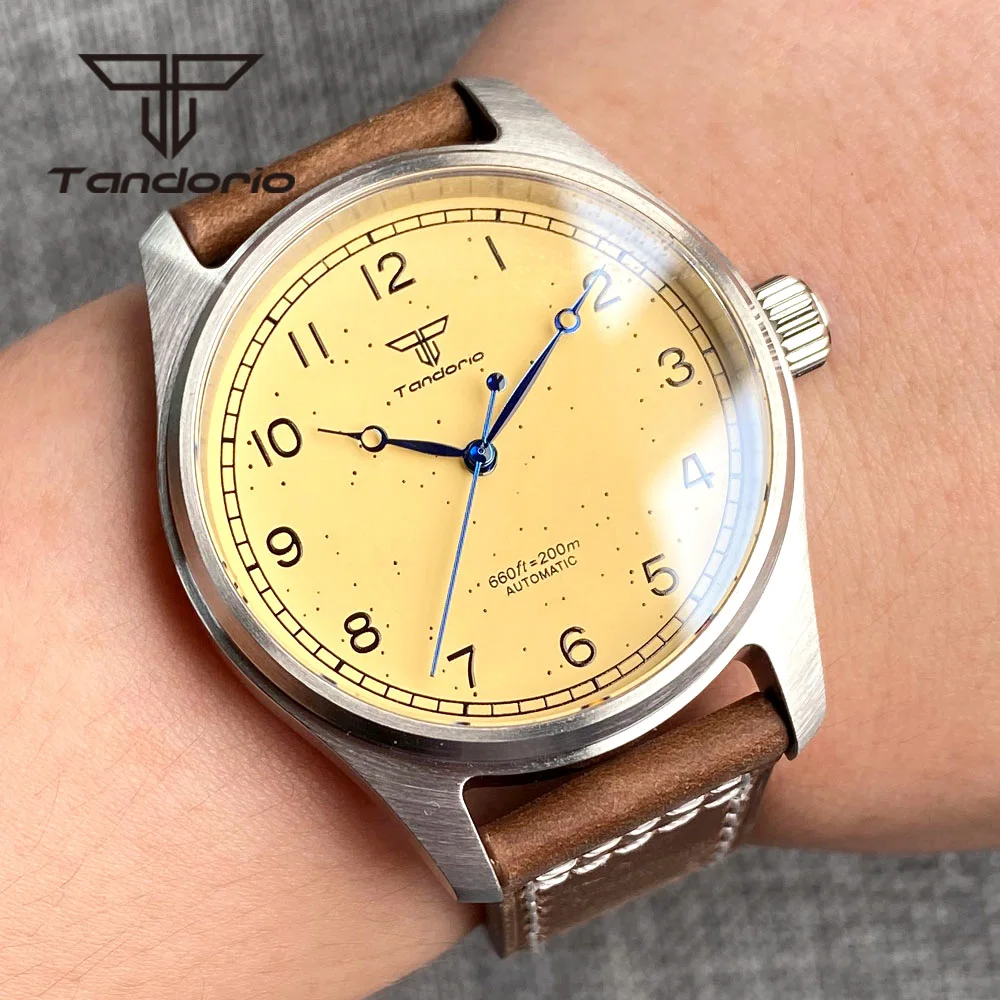 

Tandorio 39mm Vintage 20Bar Men's Pilot Automatic Watch NH35A PT5000 Simple Yellow Dial Sapphire Glass Leather Band Screw Crown